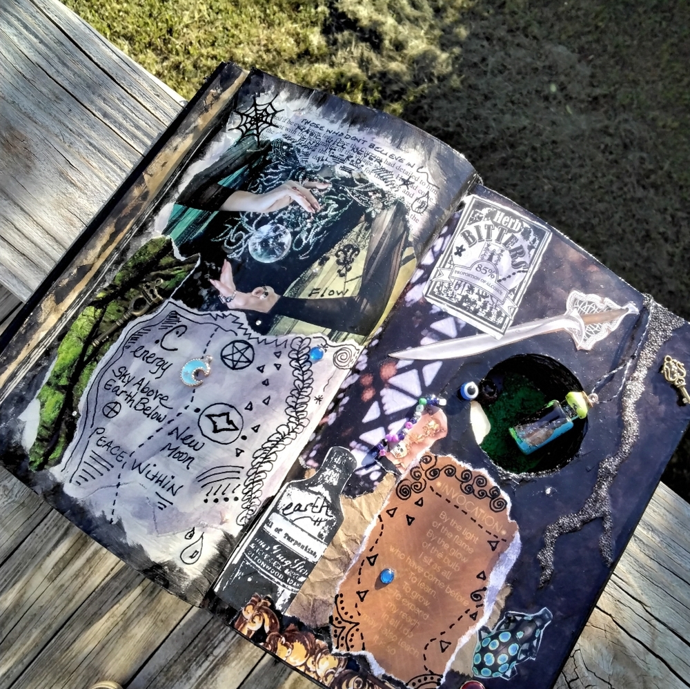 Handmade witches grimoire with mini protection spell bottle...